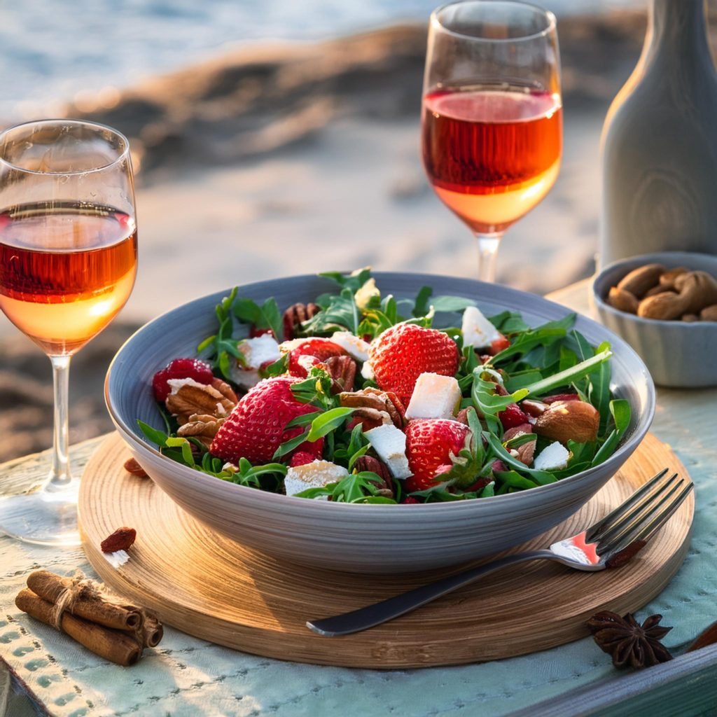 Des fraises épicées, du fromage de chèvre, des noix de pécan et une salade de roquette. Une pure salade d'été