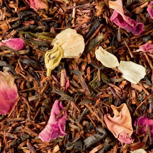 Ce rooibos bali est riche en arôme. Jasmin, litchi, pamplemousse, rose, pêche. Tout un programme