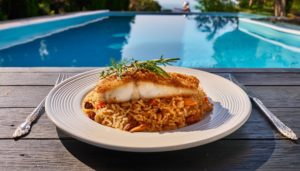 Cette recette de poissons aux épices en croute de paprika vous enchantera accompagnée de son riz pilaf aux amandes et raisins