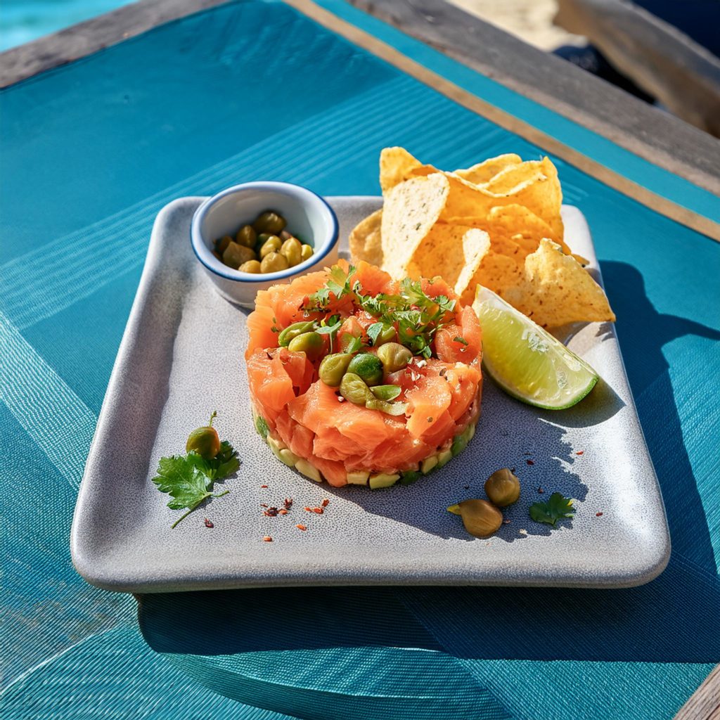 Un tartare de saumon relevé au célèbre piment basque qui vous séduira aussi par son accompagnement de chips aux patates douces