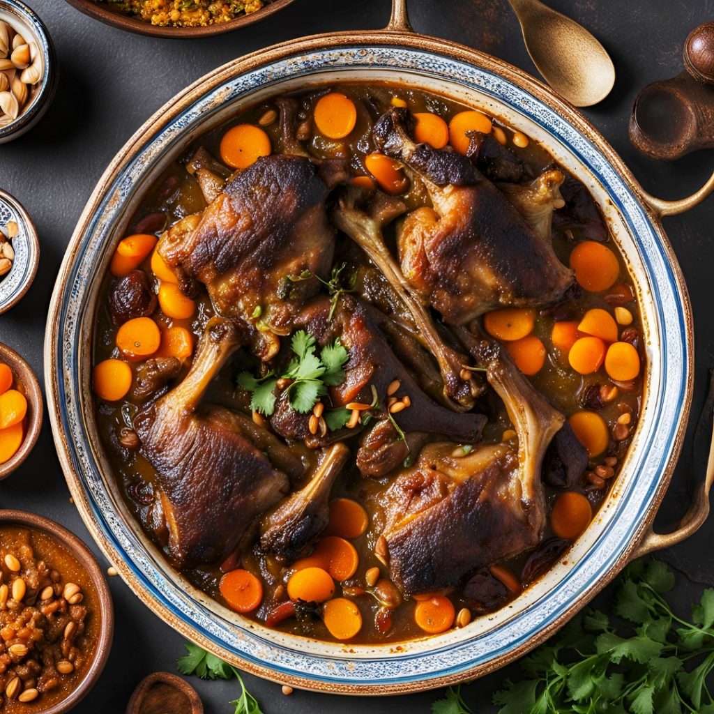 Tajine de canard aux épices. Carottes, abricots, raisins et oignons moelleux pour un plat d'une gourmandise absolu