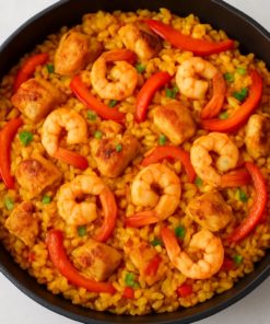 découvrez notre recette de paëlla express, poulet, crevette épices. Un dlices