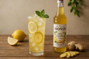 Verre d’infusion glacée citron-gingembre avec tranches de citron, menthe fraîche et bouteille de sirop Monin posée à côté