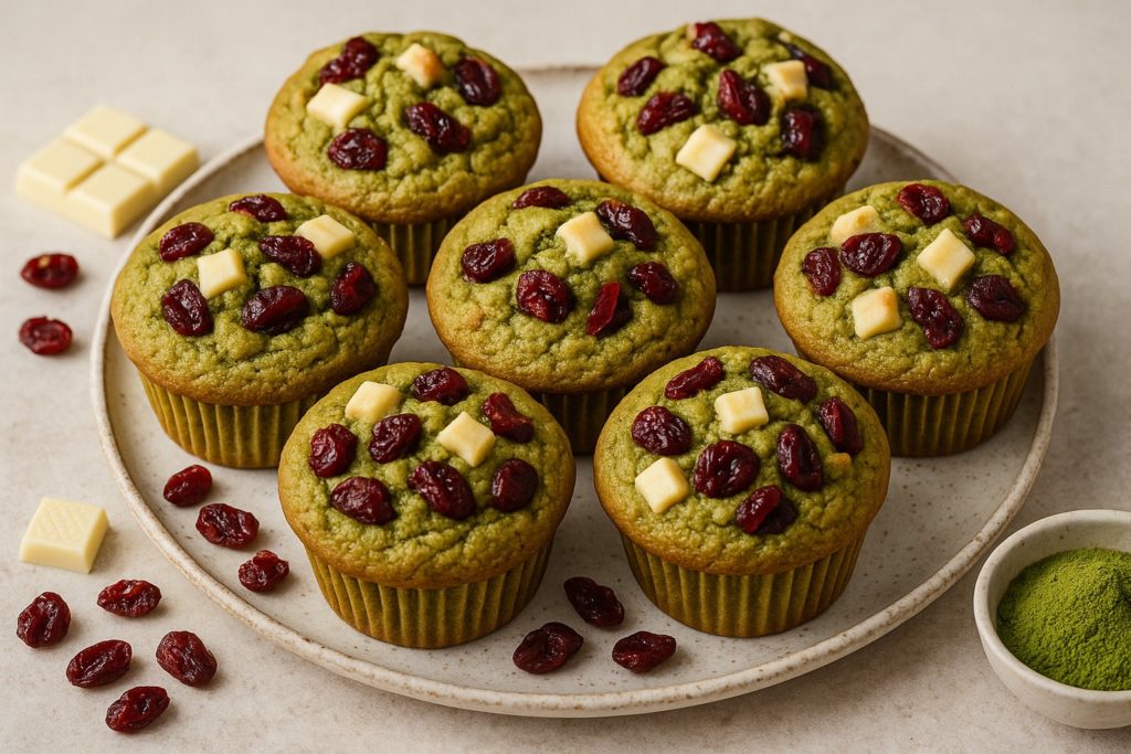 Assiette de muffins moelleux au matcha garnis de cranberries séchées et de cubes de chocolat blanc
