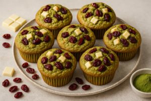 Assiette de muffins moelleux au matcha garnis de cranberries séchées et de cubes de chocolat blanc