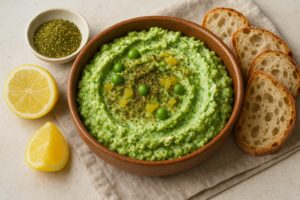 Ramequin de rillettes de petits pois maison, sur fond clair, avec tartine toastée