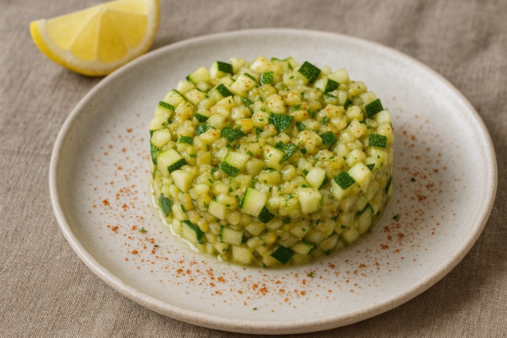 Tartare de courgette au citron confit et piment d’Espelette.