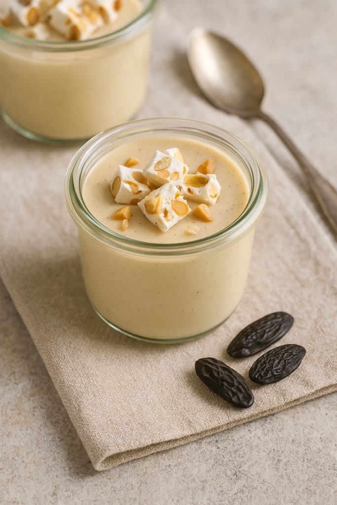 Verrine de crème dessert à la fève tonka avec morceaux de nougat, posée sur une serviette beige avec fèves tonka en décor