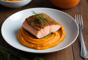 Pavé de saumon en croûte d’épices servi sur une purée de carottes au cumin, décoré d’un brin d’aneth dans une assiette blanche
