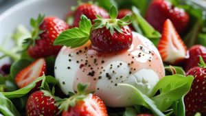 Assiette de burrata accompagnée de fraises marinées au vinaigre de framboise et poivre Timut