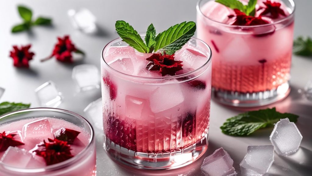Cocktail Bissap Frôzé glacé au rosé, hibiscus et menthe avec glaçons – boisson estivale colorée