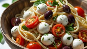 Salade de pâtes méditerranéenne avec mozzarella, tomates cerises et herbes de Provence.