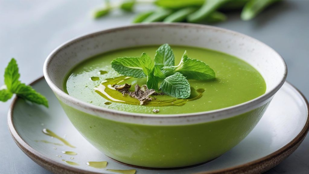 Velouté de petits pois à la menthe et huile de truffe servi froid dans un bol – recette estivale Comptoir des Arômes