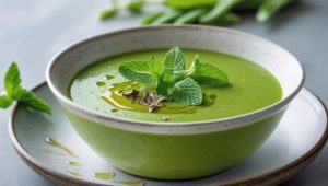 Velouté de petits pois à la menthe et huile de truffe servi froid dans un bol – recette estivale Comptoir des Arômes