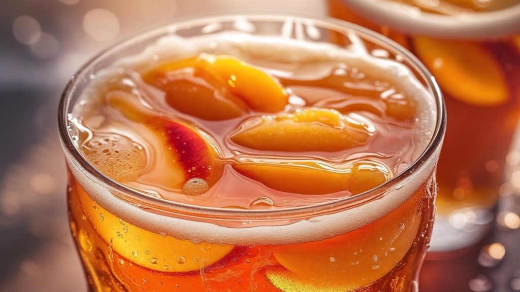 Verre de bière fraîche aromatisée au sirop de pêche, avec glaçons et quartiers de fruit