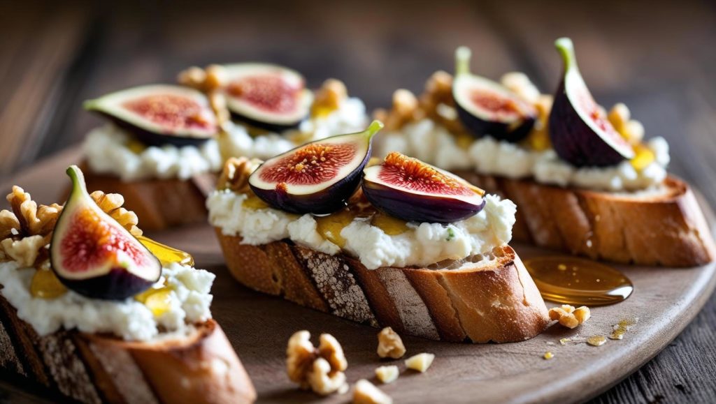 Tranches de pain grillé garnies de ricotta, figues fraîches et filet de miel