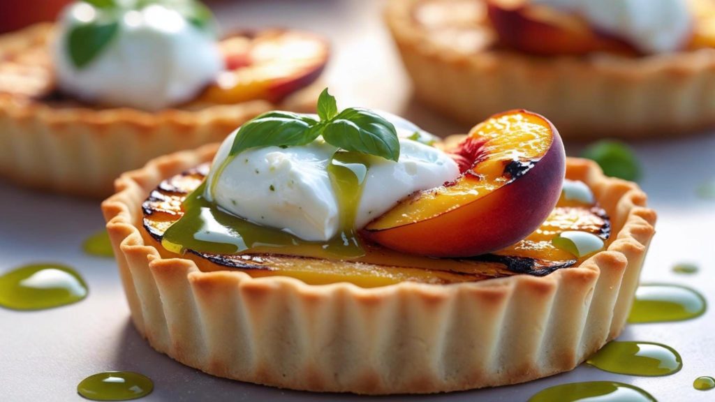 Tartelettes aux pêches grillées, burrata & sirop de basilic