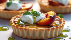 Tartelettes aux pêches grillées, burrata & sirop de basilic