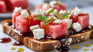 Tartines estivales à la pastèque, feta, huile d’amande et réduction de sirop