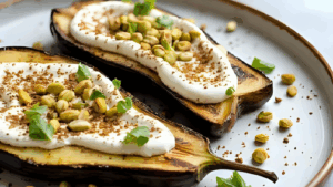 Bruschetta aubergine grillée ricotta au zaatar & pistaches