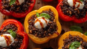poivrons rotis farcis riz noir burrata