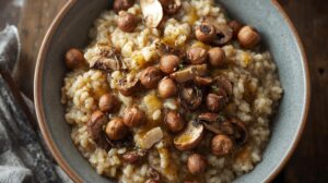 Risotto d’automne aux champignons, noisettes torréfiées et huile de truffe