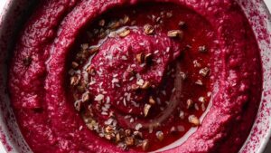 Houmous de betterave aux baies de Szechuan, huile citron gingembre et fleur de sel vanille