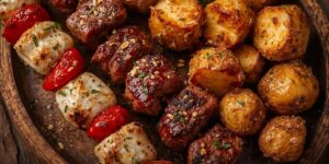 Brochettes de viande blanche et rouge et pomme de terre Cajun