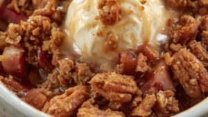 Crumble pomme rhubarbe à la vanille de Madagascar et pralin croustillant