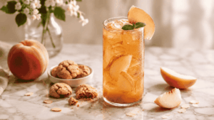 Thé noir amandes amaretti pêche blanche et eau pétillante