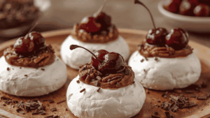 Mini pavlovas au thé noir Pécan Pie, cerises rôties et chocolat noir