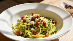Salade de tagliatelles de courgettes, feta, tomates séchées & croquant du Comptoir