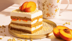 Tiramisu d’été aux pêches, thé blanc Clair de Lune & pistache