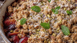 Crumble express aux prunes, pistache, vanille & tonka