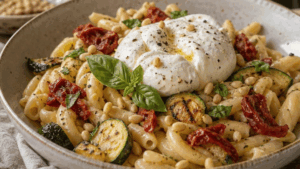 Pâtes crémeuses tomate séchée, courgette rôtie & burrata
