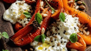 Poivrons rôtis, stracciatella, Niora & graines de nigelle