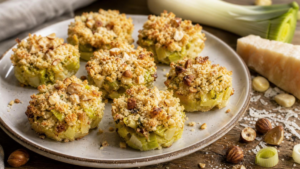 Petits crumbles de poireaux, parmesan et noisettes