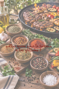 Épices pour le barbecue et les grillades, avec des accords gourmands pour relever viandes, poissons, légumes grillés, brochettes et marinades maison.