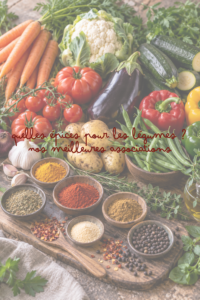 Épices pour les légumes, avec des associations gourmandes pour relever courgettes, carottes, pommes de terre, aubergines, poivrons et légumes rôtis.