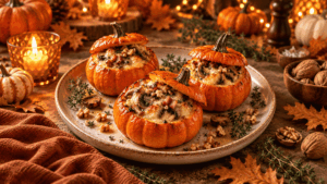 Mini-citrouilles farcies, cœur fondant au comté, champignons & lardons