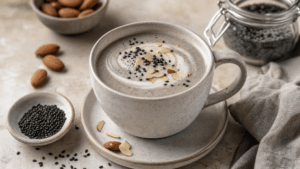 Latte chaud au sésame noir et à l’amande
